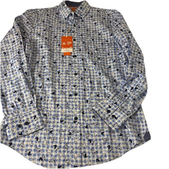 Con.struct Mens Shirt M Button Down All Over Print Graphic Dogs Blue Gingham New - Picture 1 of 16